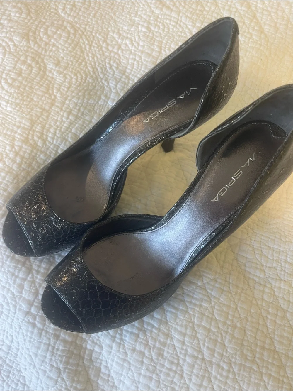 Via Spiga Black Snakeskin Embossed Peep Toe D'Orsay Stiletto Pumps 8.5 Slip On
